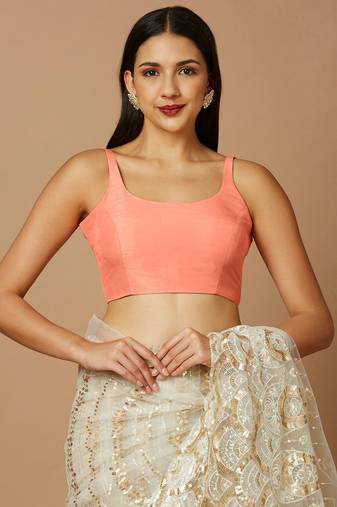 SALWAR STUDIO Women's Peach Solid Saree Blouse