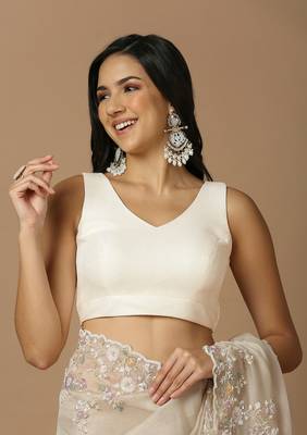 Elegant Off-White Silk Sleeveless V-Neck Readymade Blouse 1