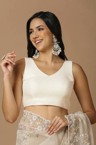 Elegant Off-White Silk Sleeveless V-Neck Readymade Blouse