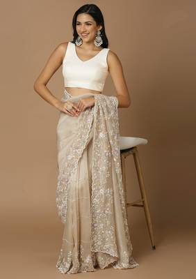 Elegant Off-White Silk Sleeveless V-Neck Readymade Blouse 6