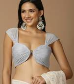 Silver Silk Woven Sleeveless Stitched Blouse for Women