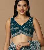 SALWAR STUDIO Women's Teal Embroidered Saree Blouse