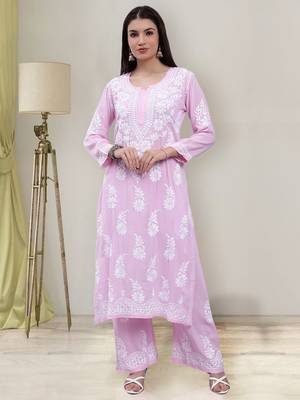 hand embroidered pink cotton blend lucknow chikankari women kurta set 1