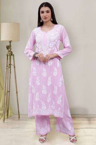 hand embroidered pink cotton blend lucknow chikankari women kurta set