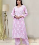 hand embroidered pink cotton blend lucknow chikankari women kurta set
