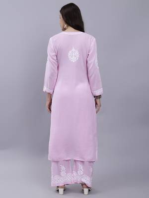 hand embroidered pink cotton blend lucknow chikankari women kurta set 2