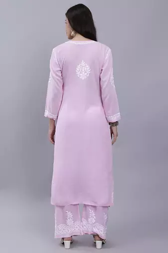 hand embroidered pink cotton blend lucknow chikankari women kurta set