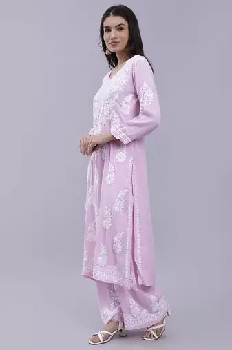 hand embroidered pink cotton blend lucknow chikankari women kurta set