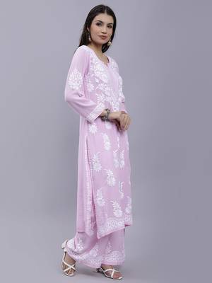 hand embroidered pink cotton blend lucknow chikankari women kurta set 4