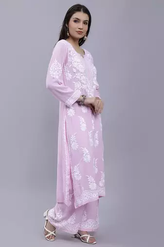 hand embroidered pink cotton blend lucknow chikankari women kurta set