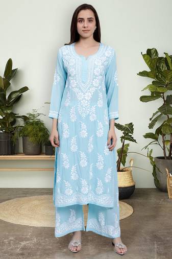 hand embroidered blue cotton blend lucknow chikankari women kurta set