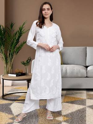 hand embroidered white cotton blend lucknow chikankari women kurta set 1
