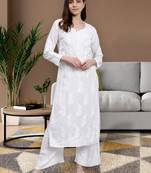 hand embroidered white cotton blend lucknow chikankari women kurta set
