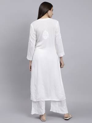 hand embroidered white cotton blend lucknow chikankari women kurta set 2