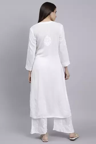 hand embroidered white cotton blend lucknow chikankari women kurta set