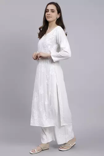 hand embroidered white cotton blend lucknow chikankari women kurta set