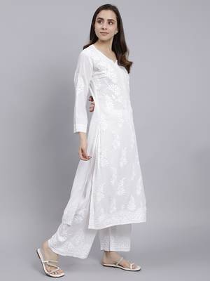 hand embroidered white cotton blend lucknow chikankari women kurta set 4