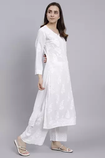 hand embroidered white cotton blend lucknow chikankari women kurta set