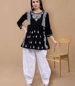 hand embroidered black cotton lucknow chikankari women kurta set