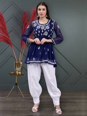 hand embroidered navy blue georgette lucknow chikankari women kurta set with slip 1