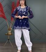 hand embroidered navy blue georgette lucknow chikankari women kurta set with slip
