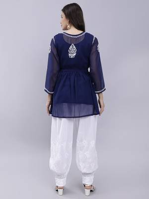 hand embroidered navy blue georgette lucknow chikankari women kurta set with slip 2