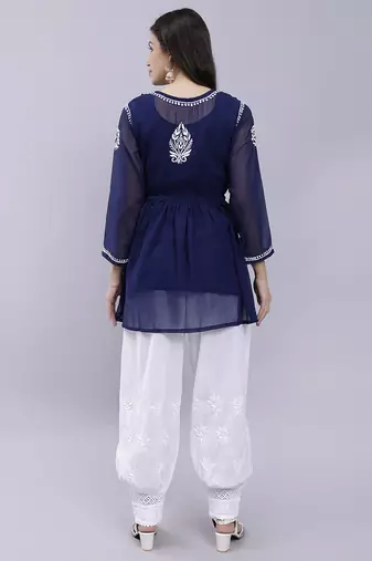 hand embroidered navy blue georgette lucknow chikankari women kurta set with slip