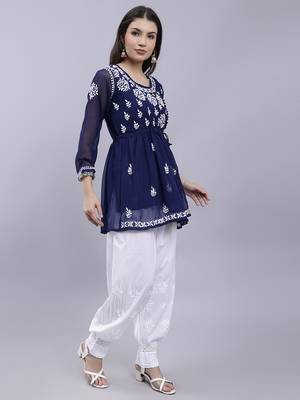 hand embroidered navy blue georgette lucknow chikankari women kurta set with slip 3
