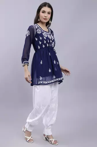 hand embroidered navy blue georgette lucknow chikankari women kurta set with slip