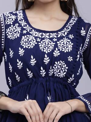 hand embroidered navy blue georgette lucknow chikankari women kurta set with slip 4