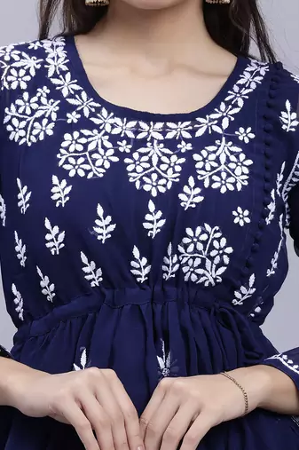 hand embroidered navy blue georgette lucknow chikankari women kurta set with slip