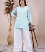 hand embroidered sea green georgette lucknow chikankari women kurta set with slip