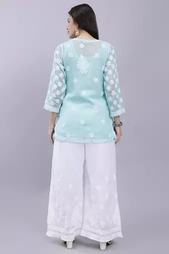 hand embroidered sea green georgette lucknow chikankari women kurta set with slip
