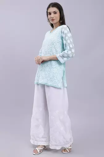 hand embroidered sea green georgette lucknow chikankari women kurta set with slip