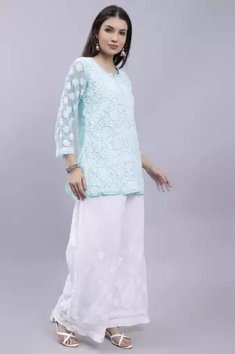 hand embroidered sea green georgette lucknow chikankari women kurta set with slip