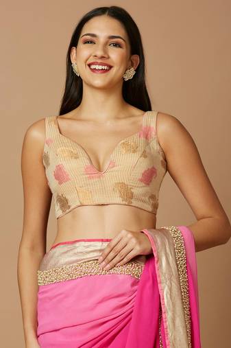 SALWAR STUDIO Women's Beige Ethnic Motif woven design Saree Blouse