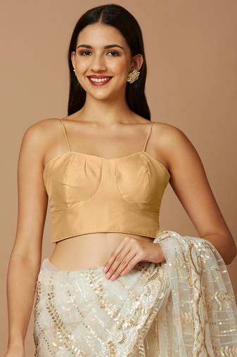 SALWAR STUDIO Women's Gold Solid Saree Blouse