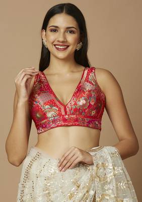 SALWAR STUDIO Women's Red Woven Design Saree Blouse 1