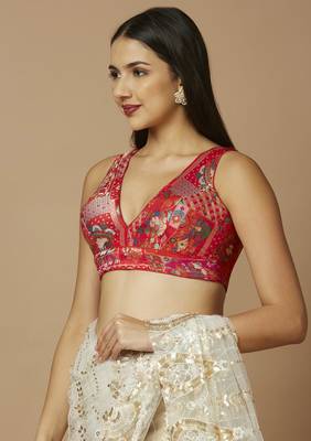 SALWAR STUDIO Women's Red Woven Design Saree Blouse 2