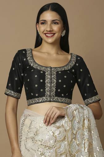SALWAR STUDIO Women's Black Embroidered Saree Blouse