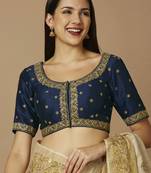 SALWAR STUDIO Women's Navy Blue Embroidered Saree Blouse