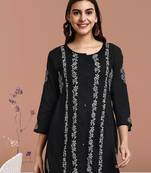 Hand Embroidered Black And Grey Cotton Lucknowi Chikankari Indian Women Short Kurti