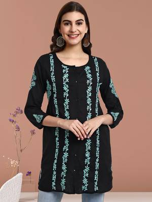 Hand Crafted Black And Green Cotton Lucknowi Chikankari Short Kurti For Women 1