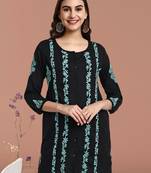 Hand Crafted Black And Green Cotton Lucknowi Chikankari Short Kurti For Women