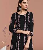 Hand Embroidered Black And Pink Cotton Lucknowi Chikankari Short Kurti For Women