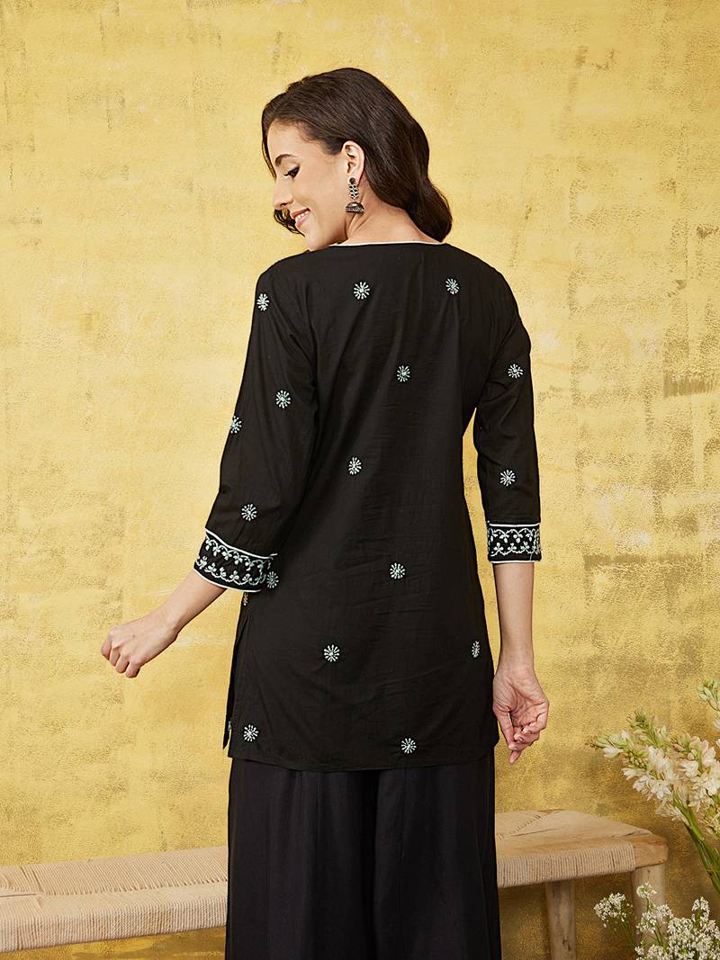 Hand Embroidered Black & Grey Cotton Lucknowi Chikankari Short Kurti For Women