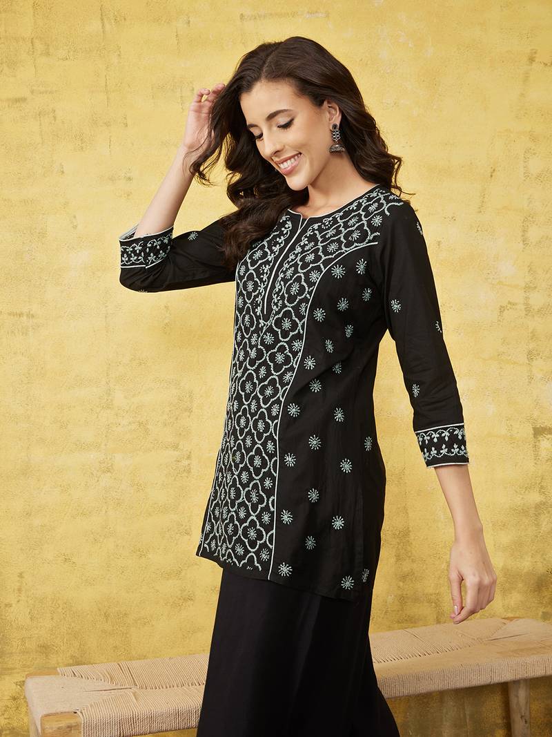 Hand Embroidered Black & Grey Cotton Lucknowi Chikankari Short Kurti For Women