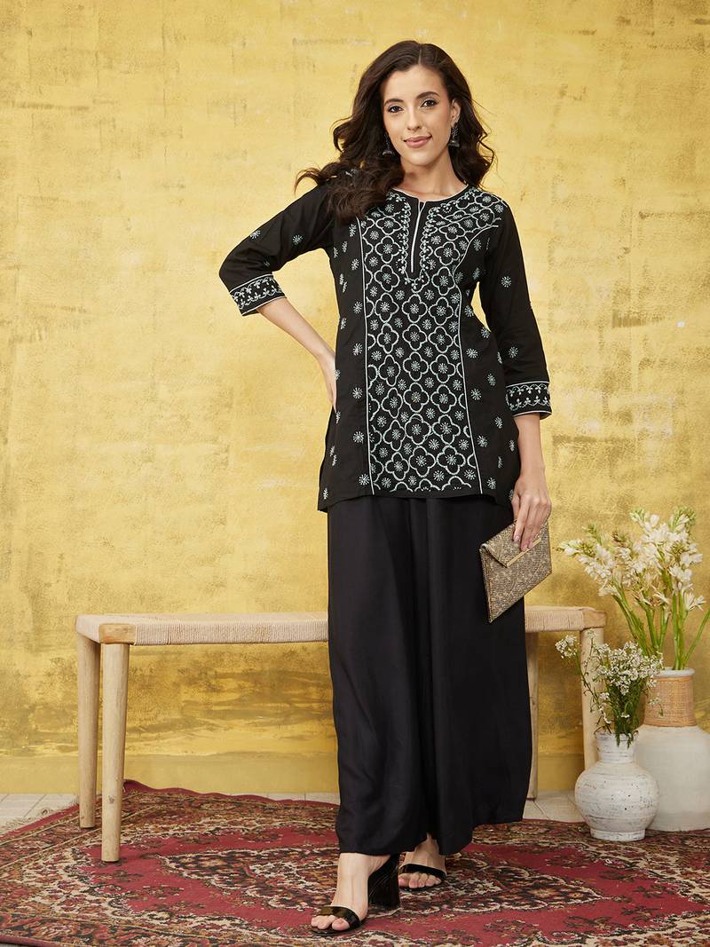 Hand Embroidered Black & Grey Cotton Lucknowi Chikankari Short Kurti For Women
