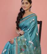 Peacock Green Kantha Stitch Pure Silk Saree With Blouse Piece