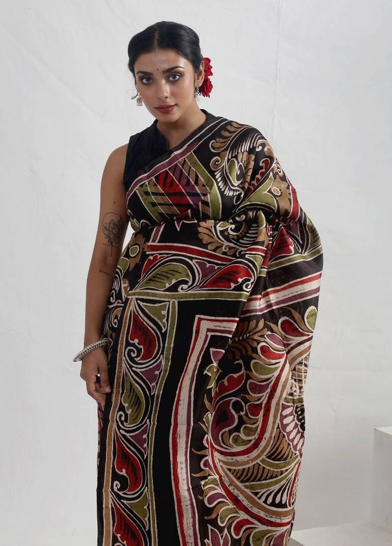 Multicolor Batik Printed Pure Silk Saree With Blouse Piece